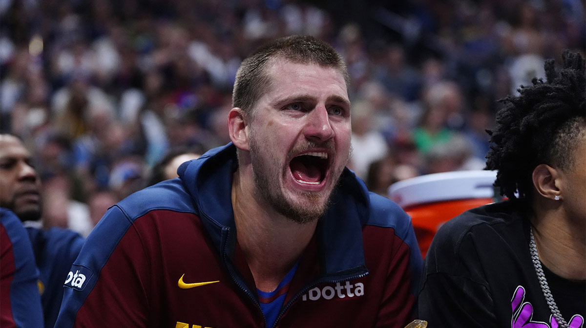 Nuggets center Nikola Jokic (15) reacts from the bench in the third quarter against the LA Clippers during game seven of first round for the 2025 NBA Playoffs at Ball Arena