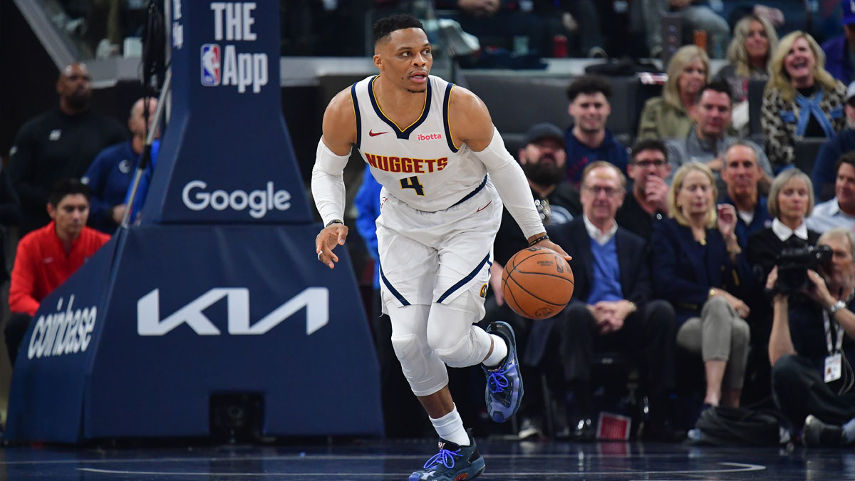 Denver Nuggets guard Russell Westbrook (4) moves the ball up court against the Los Angeles Clippers during the first half of game three in the first round for the 2024 NBA Playoffs at Intuit Dome.