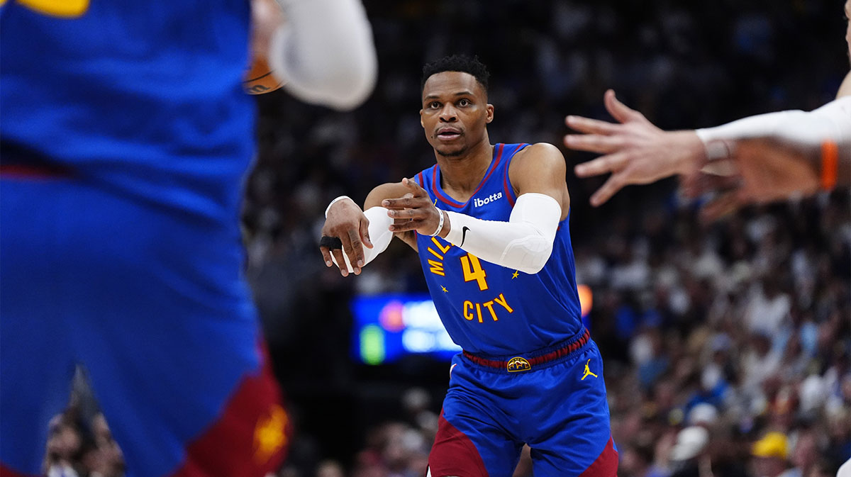 Denver Nuggets guard Russell Westbrook (4) passes in the third quarter against the LA Clippers during game seven of first round for the 2025 NBA Playoffs at Ball Arena.