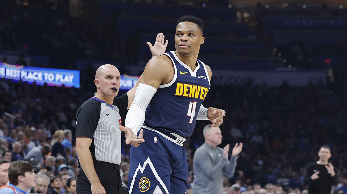 Nuggets guard Russell Westbrook (4) gestures after a three point basket against the Oklahoma City Thunder during the first quarter at Paycom Center