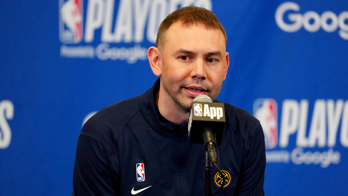 Nuggets interim head coach David Adelman speaks before the game against the LA Clippers during game seven of first round for the 2025 NBA Playoffs at Ball Arena