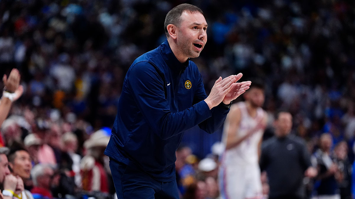 Nuggets interim head coach David Adelman during the second half against the Oklahoma City Thunder during game three of the second round for the 2025 NBA Playoffs at Ball Arena