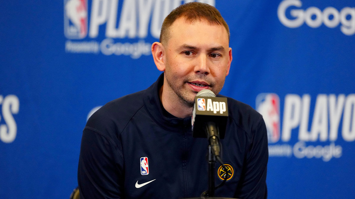 Denver Nuggets interim head coach David Adelman speaks before the game against the LA Clippers during game seven of first round for the 2025 NBA Playoffs at Ball Arena.