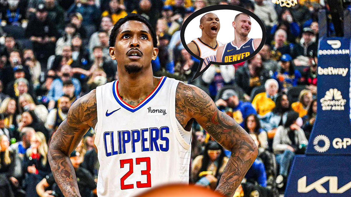 Lou Williams with a thought bubble of Russell Westbrook in a Oklahoma City Thunder jersey, with Nikola Jokic in a Nuggets jersey next to him.