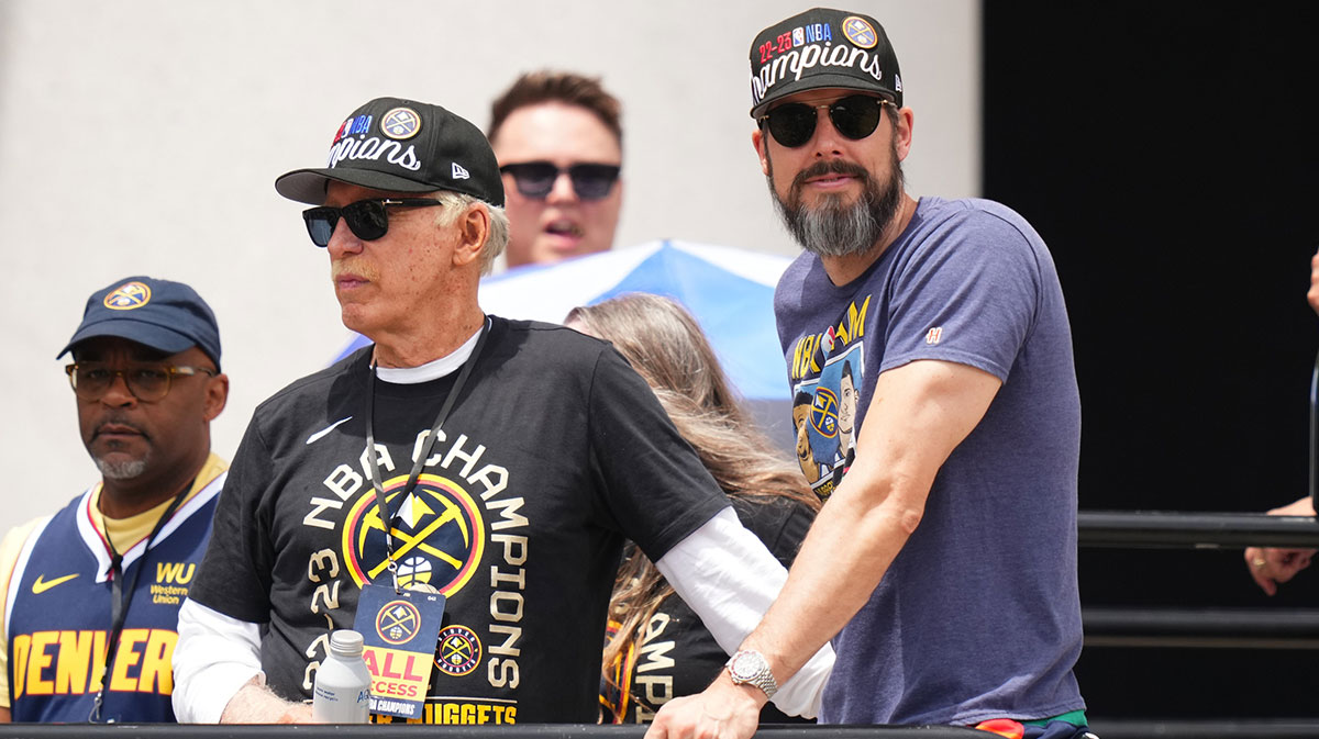Denver Nuggets owner Stan Kroenke (left) and president Josh Kroenke (right) during the championship parade after the Denver Nuggets won the 2023 NBA Finals