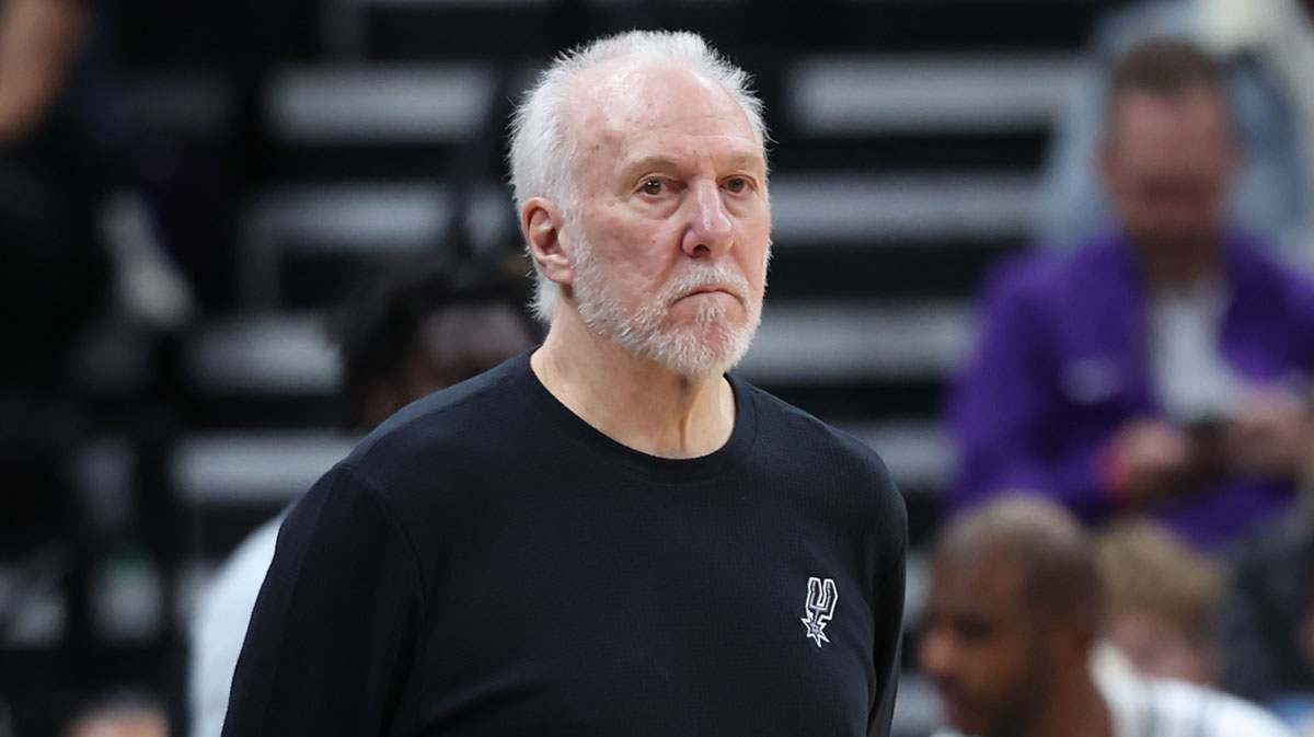 Oct 31, 2024; Salt Lake City, Utah, USA; San Antonio Spurs head coach Gregg Popovich watches play against the Utah Jazz during the second quarter at Delta Center. Mandatory Credit: Rob Gray-Imagn Images