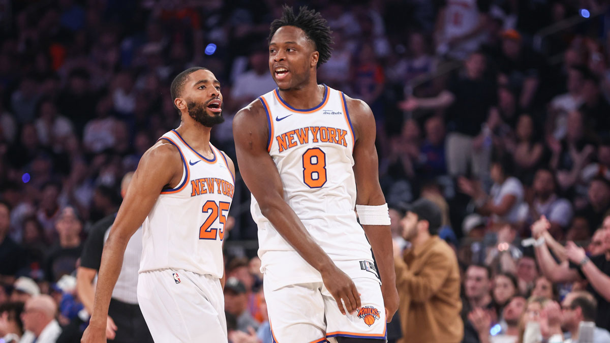 New York Knicks forward OG Anunoby (8) celebrates after scoring with forward Mikal Bridges (25) in Game One of the First Round of the NBA Playoffs against the Detroit Pistons at Madison Square Garden.