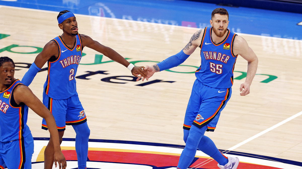 Oklahoma City Thunder guard Shai Gilgeous-Alexander (2) and center Isaiah Hartenstein (55) celebrate during the first quarter against the Minnesota Timberwolves in game five of the western conference finals for the 2025 NBA Playoffs at Paycom Center.