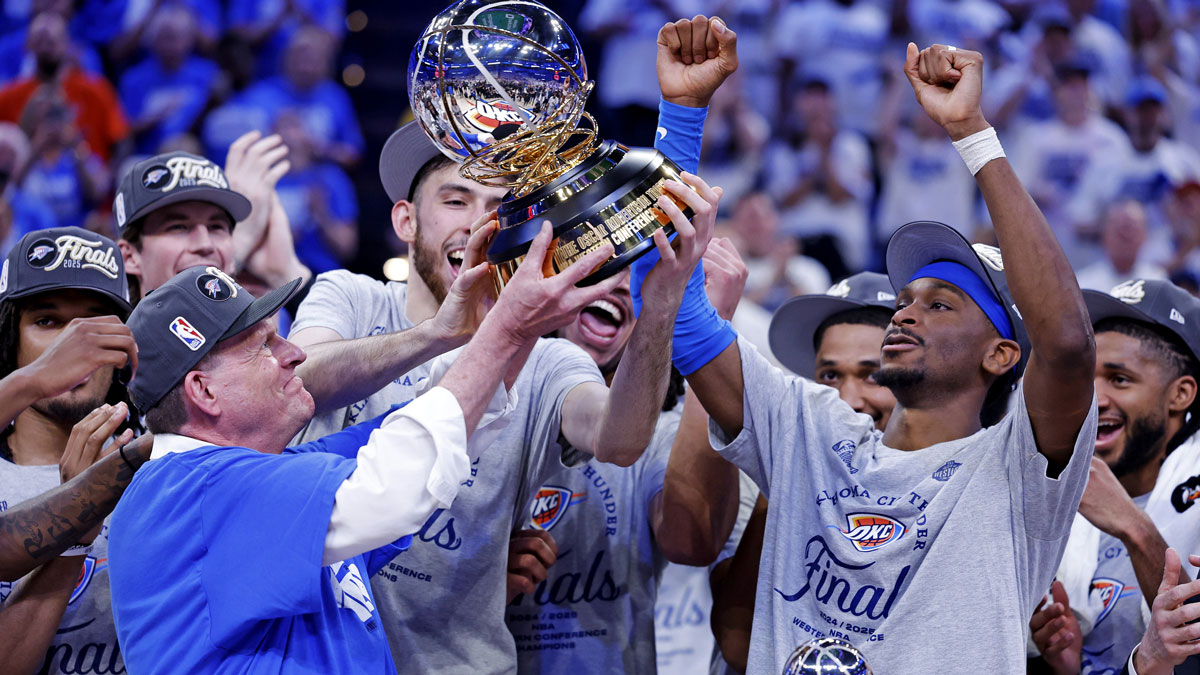 Oklahoma City Thunder chairman Clay Bennett celebrates after his team beat the Minnesota Timberwolves in game five to win the western conference finals for the 2025 NBA Playoffs at Paycom Center.