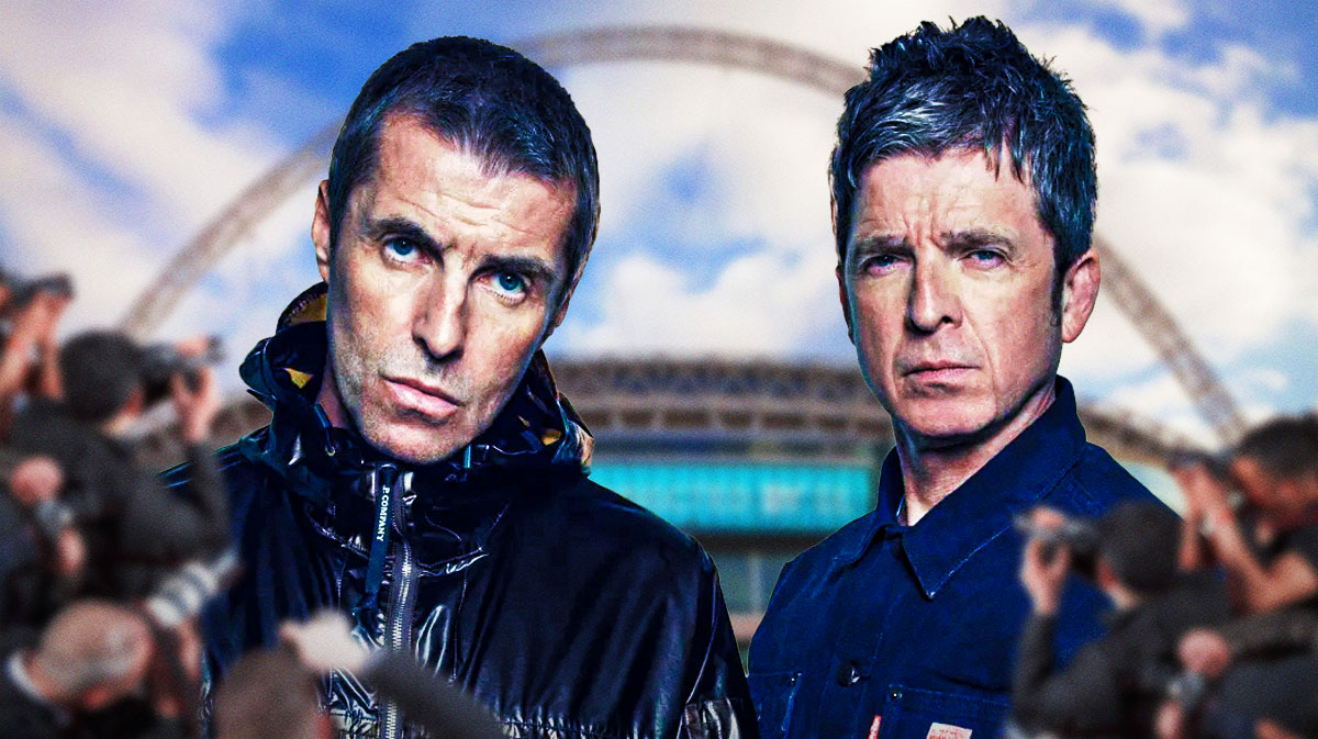 Oasis members Liam and Noel Gallagher, who are not expected to release new music during their 2025 reunion tour, with Wembley Stadium background.