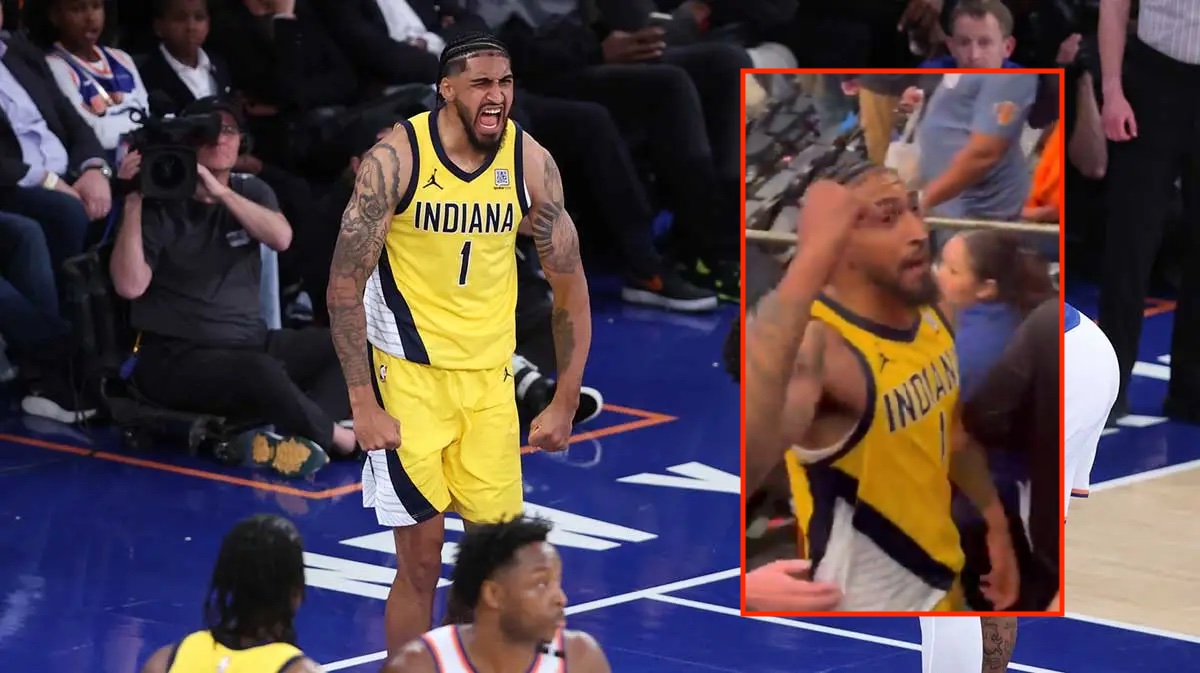 Indiana Pacers forward Obi Toppin (1) reacts in the second half against the New York Knicks during game one of the eastern conference finals for the 2025 NBA Playoffs at Madison Square Garden.