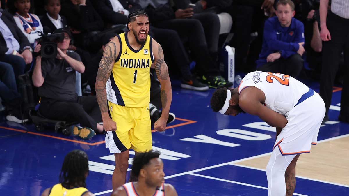 Indiana Pacers forward Obi Toppin (1) reacts in the second half against the New York Knicks during game one of the eastern conference finals for the 2025 NBA Playoffs at Madison Square Garden.