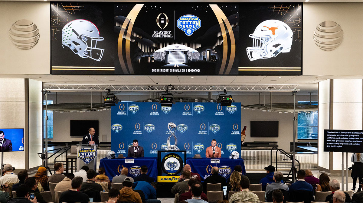 Ohio State Buckeyes Head Coach Ryan Day, left, and Texas Longhorns Head Coach Steve Sarkisian speak during the Coaches' Press Conference