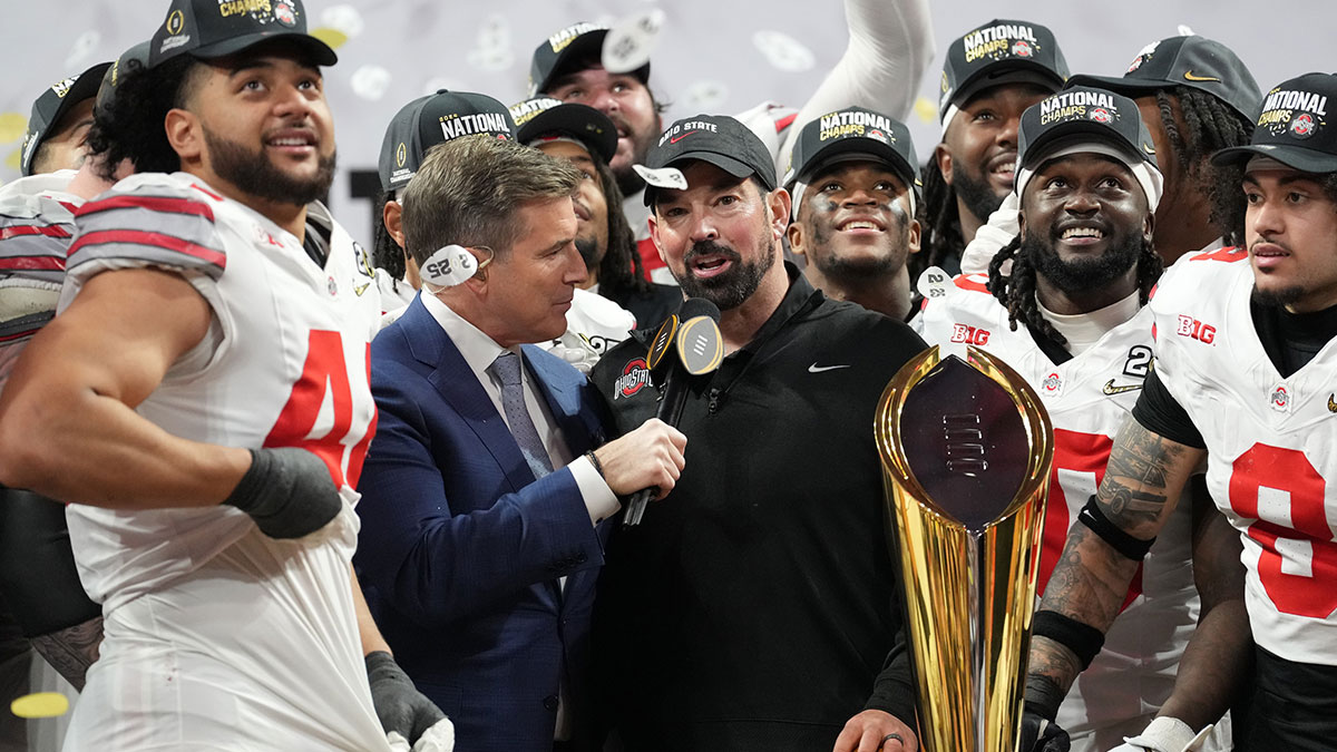 Ohio State Buckeyes head coach Ryan Day is interviewed after defeating the Notre Dame Fighting Irish in the CFP National Championship college football game at Mercedes-Benz Stadium.