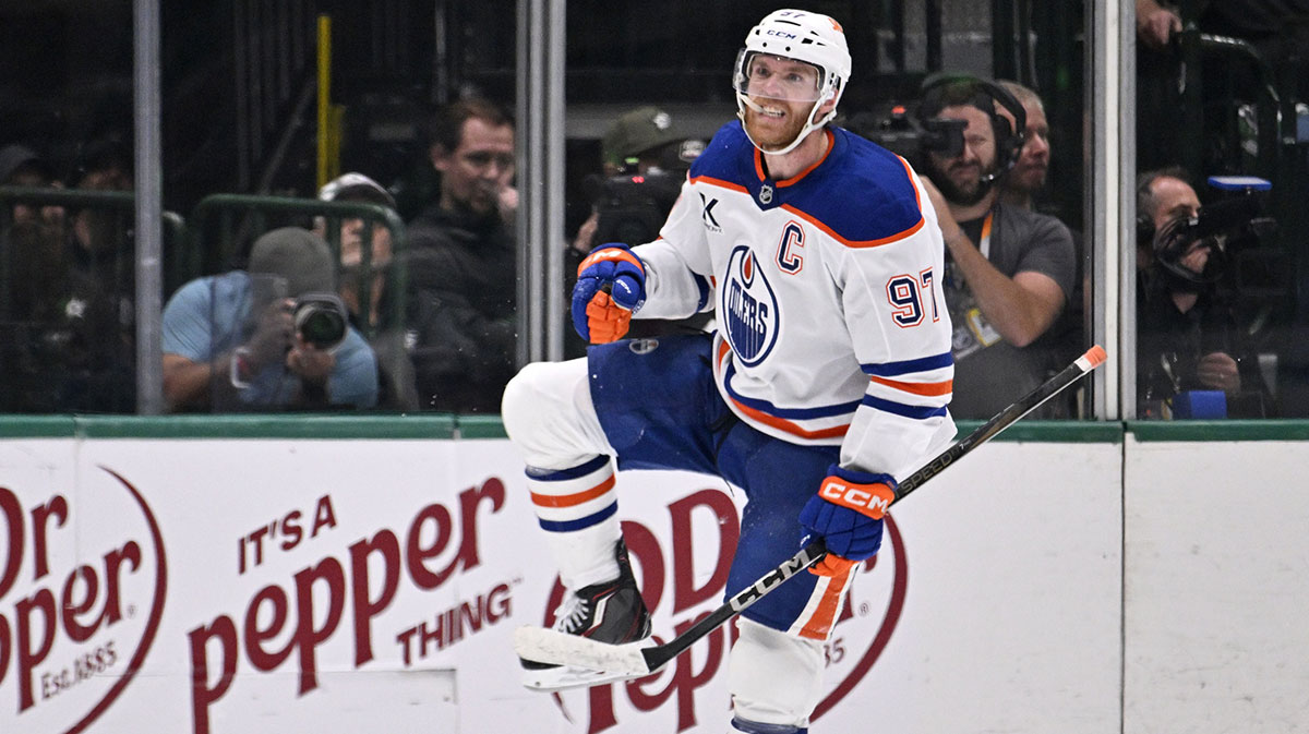 Edmonton Oilers center Connor McDavid (97) reacts after scoring a goal against the Dallas Stars during the second period in game five of the Western Conference Final of the 2025 Stanley Cup Playoffs at American Airlines Center.