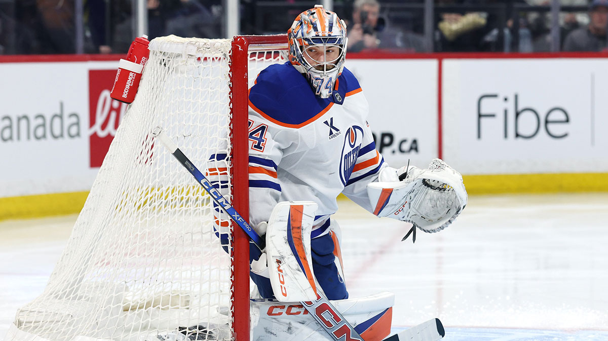 Edmonton Oilers goaltender Stuart Skinner (74) warms-up before the start of the second period against the Winnipeg Jets at Canada Life Centre.