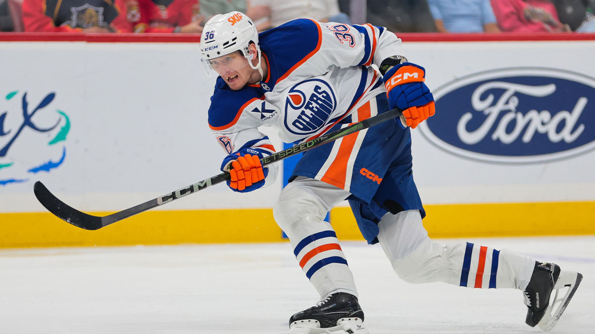 Edmonton Oilers defenseman John Klingberg (36) shoots the puck against the Florida Panthers during the third period at Amerant Bank Arena.