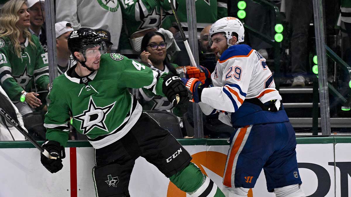 Edmonton Oilers center Leon Draisaitl (29) checks Dallas Stars defenseman Miro Heiskanen (4) during the third period in game one of the Western Conference Final of the 2025 Stanley Cup Playoffs at American Airlines Center.