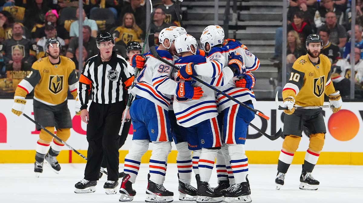Edmonton Oilers defenseman Jake Walman (96) celebrates with team mates after scoring a goal against the Vegas Golden Knights during the second period of game two of the second round of the 2025 Stanley Cup Playoffs at T-Mobile Arena.
