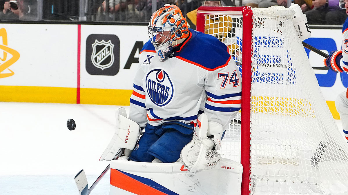 Edmonton Oilers goaltender Stuart Skinner (74) makes a save against the Vegas Golden Knights during the second period of game five of the second round of the 2025 Stanley Cup Playoffs at T-Mobile Arena.