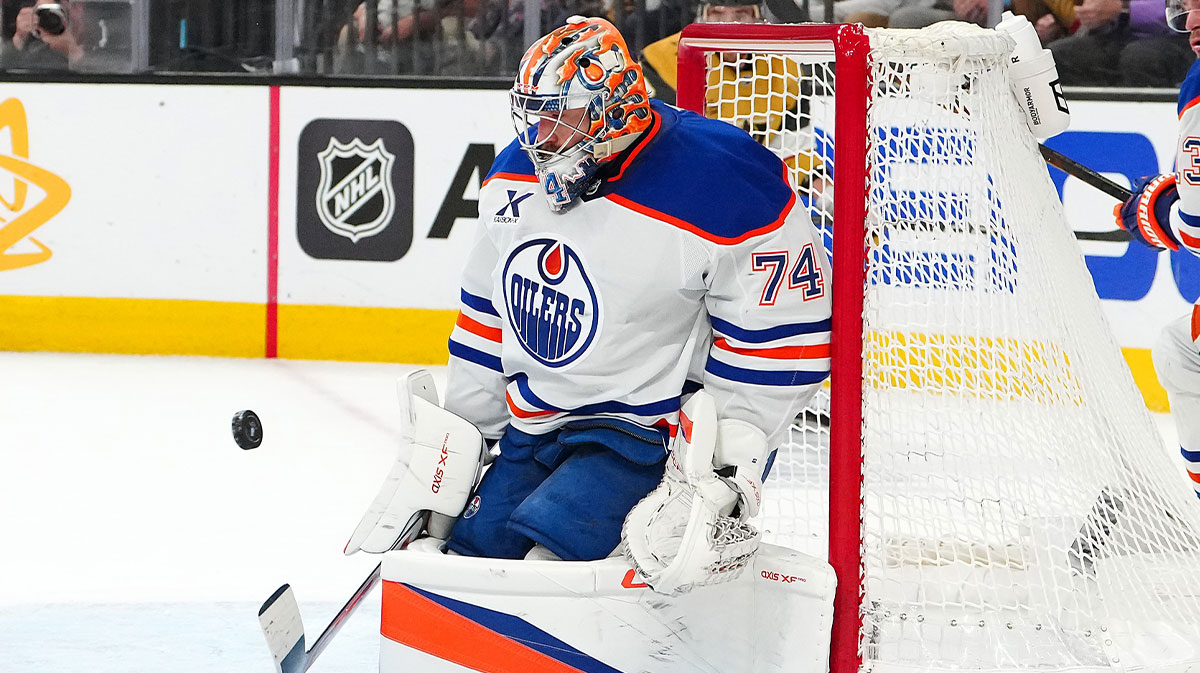Edmonton Oilers goaltender Stuart Skinner (74) makes a save against the Vegas Golden Knights during the second period of game five of the second round of the 2025 Stanley Cup Playoffs at T-Mobile Arena.