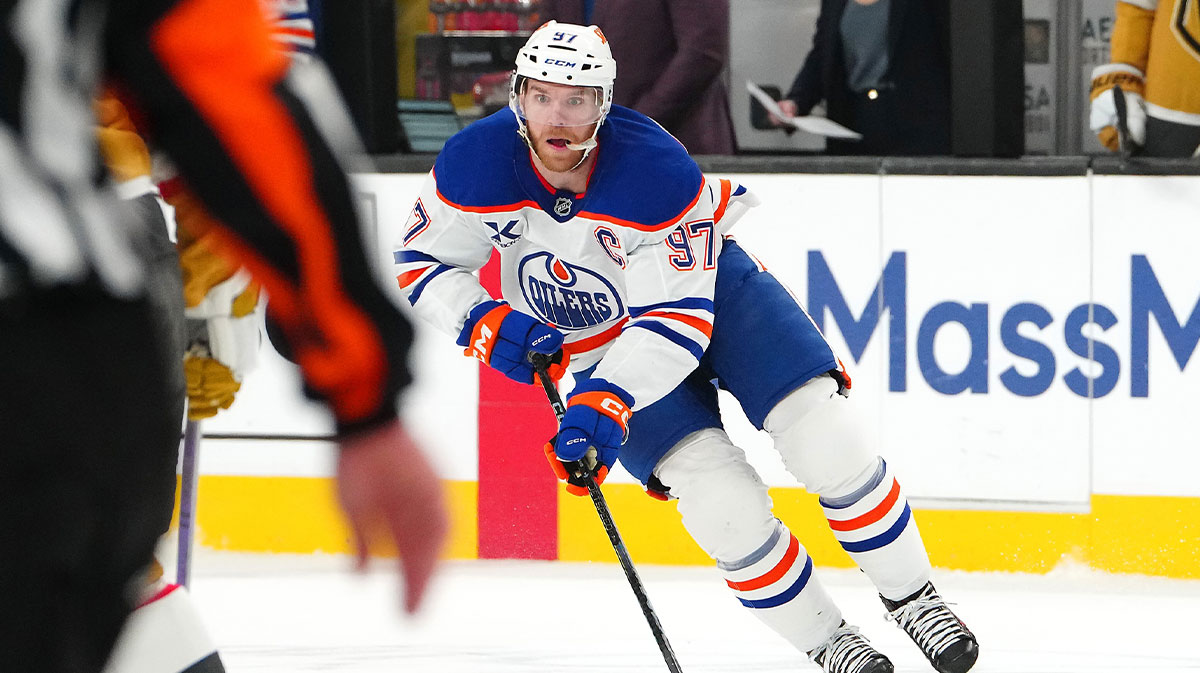 Edmonton Oilers center Connor McDavid (97) skates against the Vegas Golden Knights during the first period of game five of the second round of the 2025 Stanley Cup Playoffs at T-Mobile Arena.