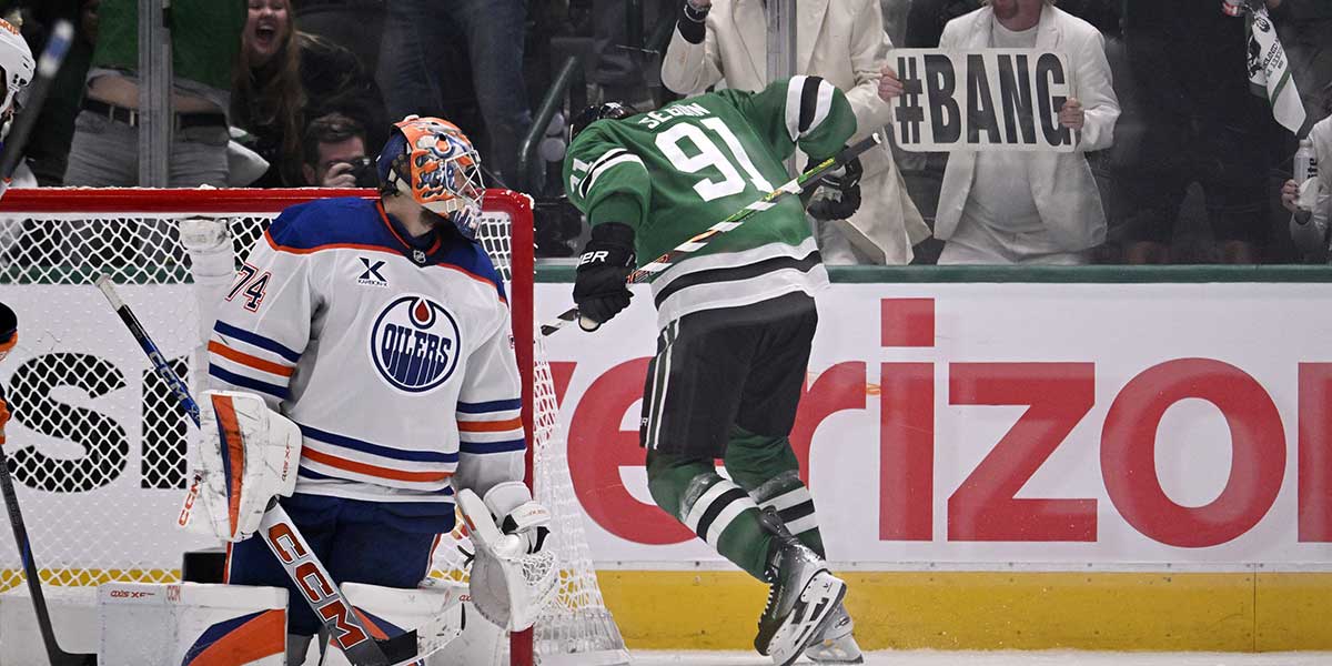 Dallas Stars center Tyler Seguin (91) reacts after scoring a goal against the Edmonton Oilers in the third period during game one of the Western Conference Final of the 2025 Stanley Cup Playoffs at American Airlines Center.
