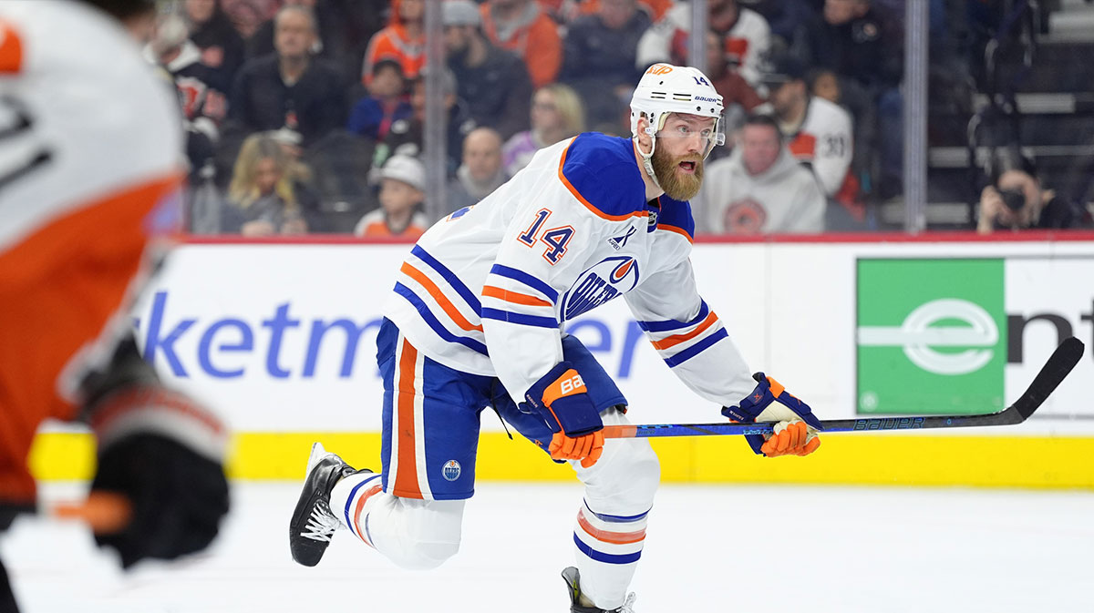 Edmonton Oilers defenseman Mattias Ekholm (14) in action against the Philadelphia Flyers in the first period at Wells Fargo Center.
