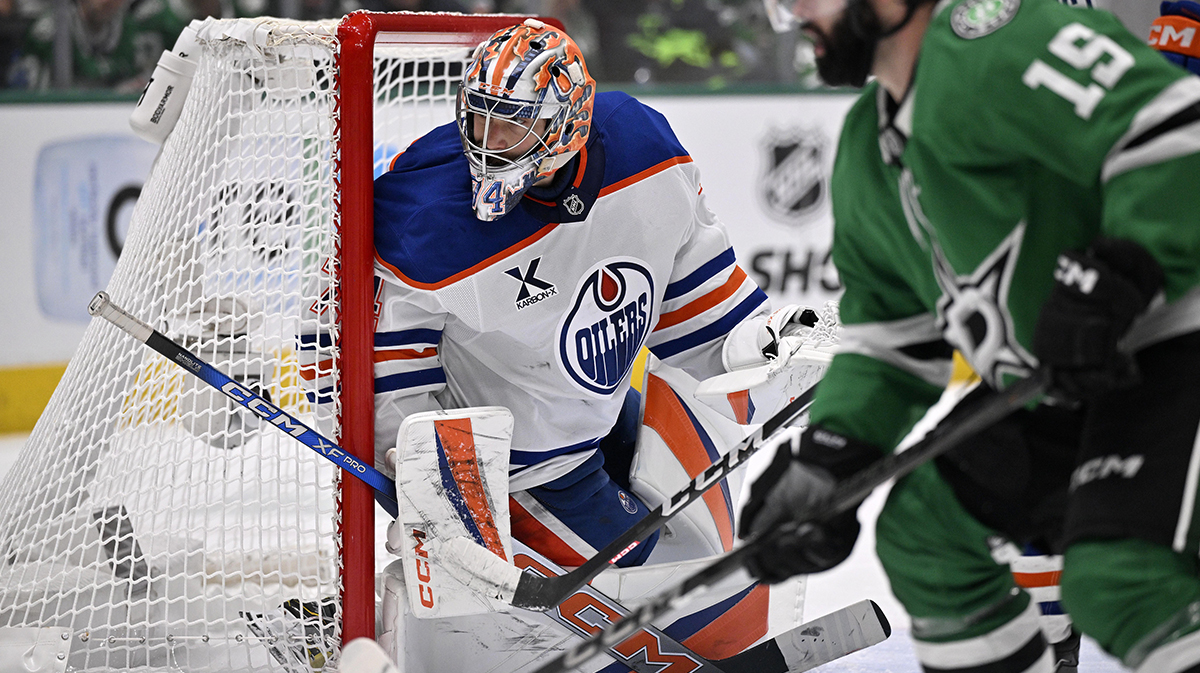 Edmonton Oilers goaltender Stuart Skinner (74) in the net against the Dallas Stars in the second period for game two of the Western Conference Final of the 2025 Stanley Cup Playoffs at American Airlines Center.