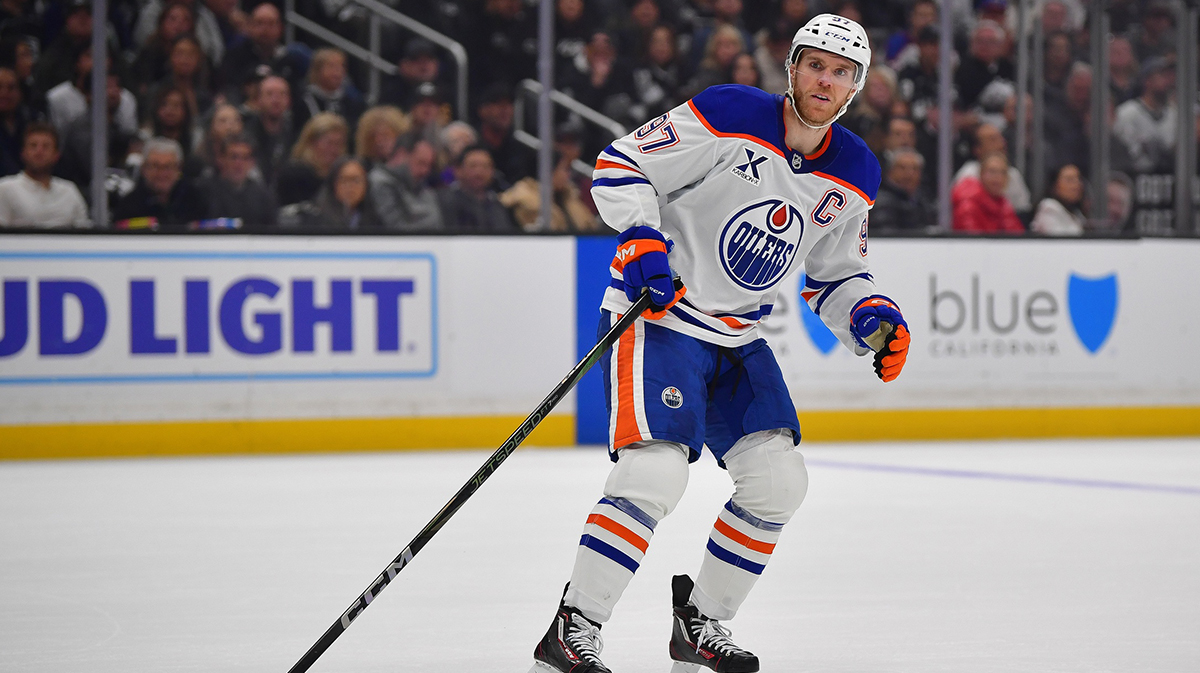 Edmonton Oilers center Connor McDavid (97) in action against the Los Angeles Kings during the first period in game five of the first round of the 2025 Stanley Cup Playoffs at Crypto.com Arena.