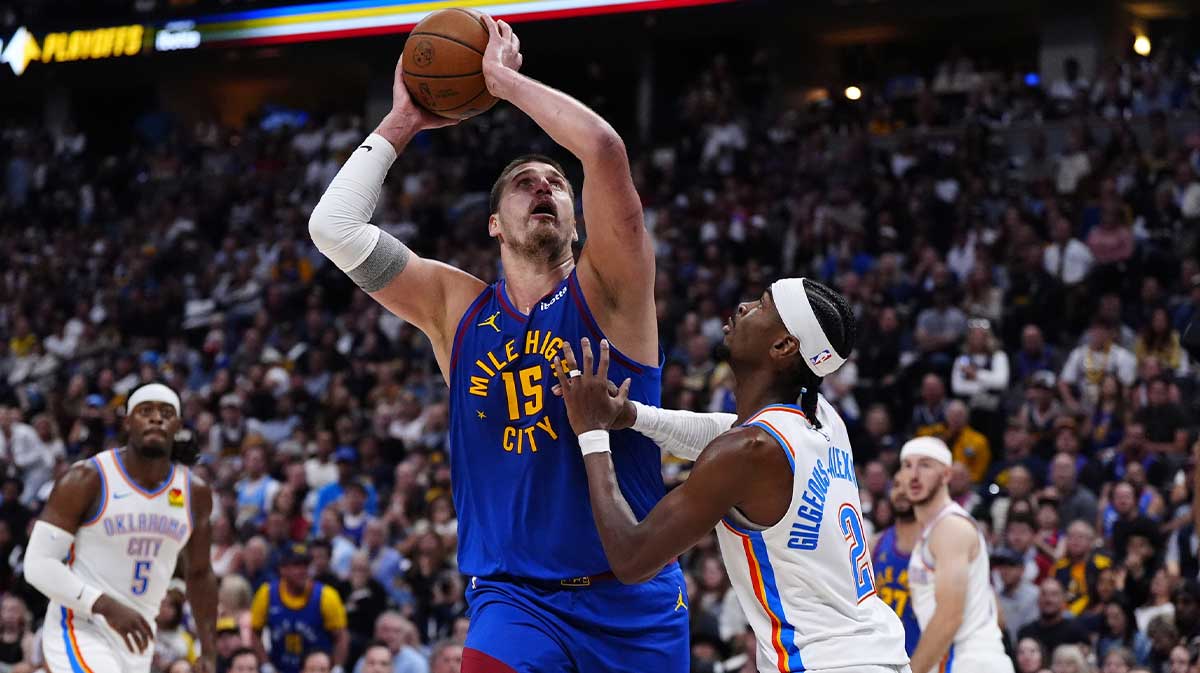 Oklahoma City Thunder guard Shai Gilgeous-Alexander (2) defends on Denver Nuggets center Nikola Jokic (15) in the second half during game three of the second round for the 2025 NBA Playoffs at Ball Arena.