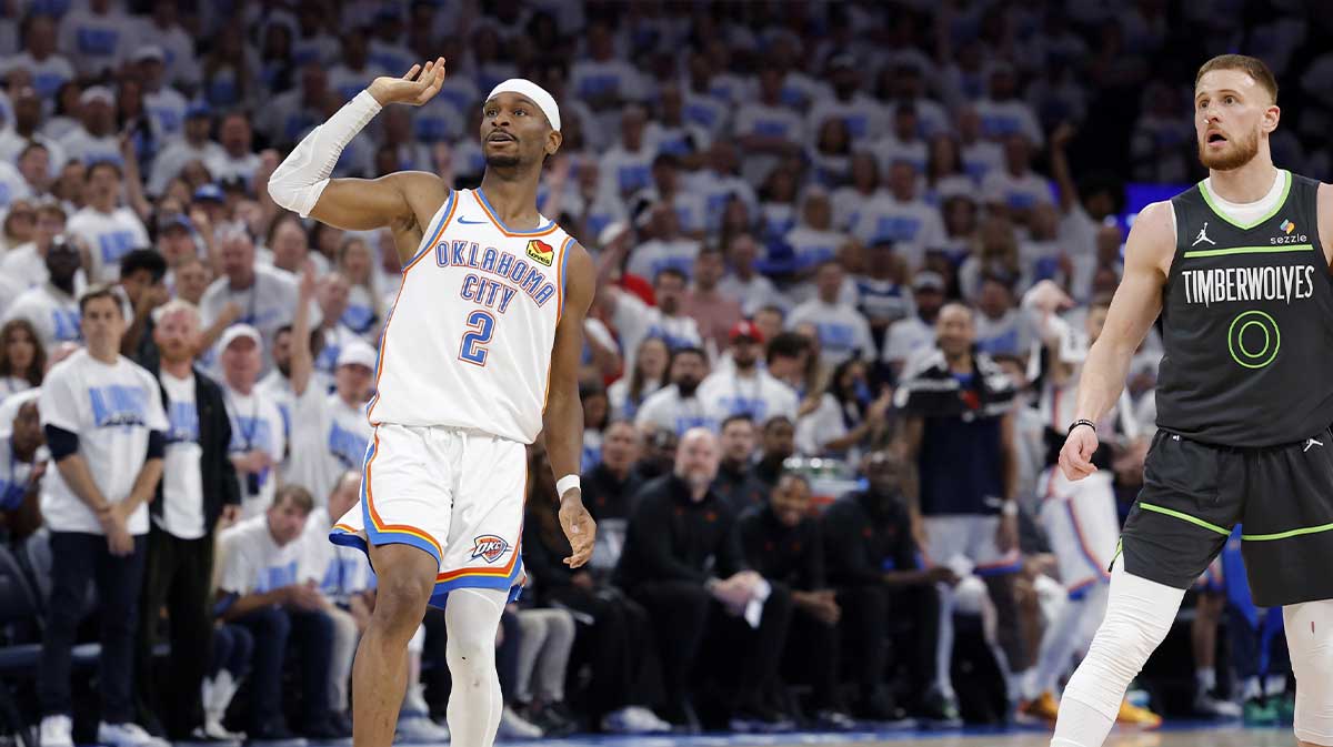 Oklahoma City Thunder guard Shai Gilgeous-Alexander (2) watches a shot against Minnesota Timberwolves guard Donte DiVincenzo (0) in the fourth quarter during game one of the western conference finals for the 2025 NBA Playoffs at Paycom Center.