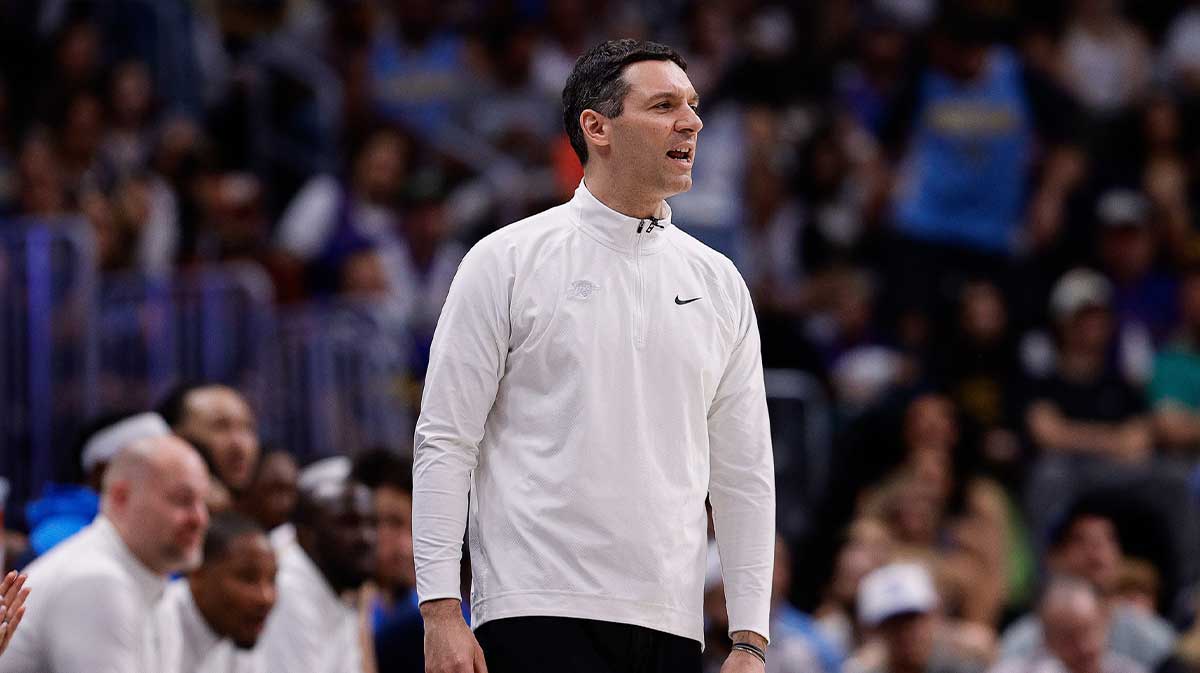 Oklahoma City Thunder head coach Mark Daigneault in the second quarter against the Denver Nuggets during game four of the second round of the 2025 NBA Playoffs at Ball Arena.
