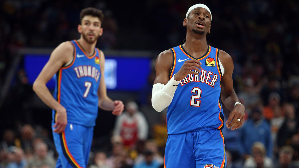 Oklahoma City Thunder guard Shai Gilgeous-Alexander (2) and forward Chet Holmgren (7) look on during the second quarter against the Memphis Grizzlies during game three for the first round of the 2024 NBA Playoffs at FedExForum.
