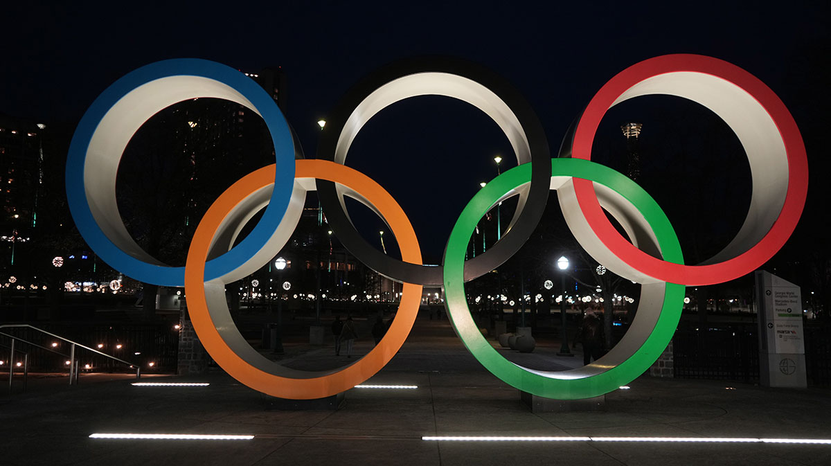 Jan 18, 2025; Atlanta, GA, USA; The Olympic rings at Centennial Park. Mandatory Credit: Kirby Lee-Imagn Images