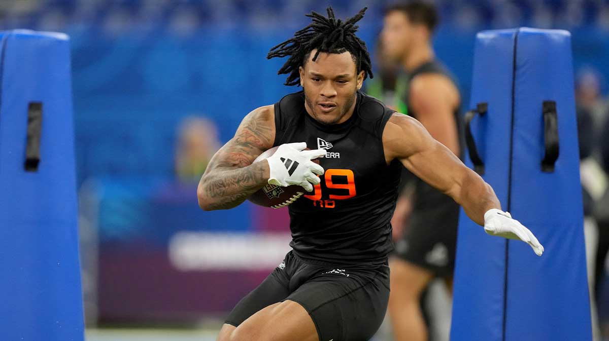 Mar 1, 2025; Indianapolis, IN, USA; North Carolina running back Omarion Hampton (RB09) during the 2025 NFL Combine at Lucas Oil Stadium.