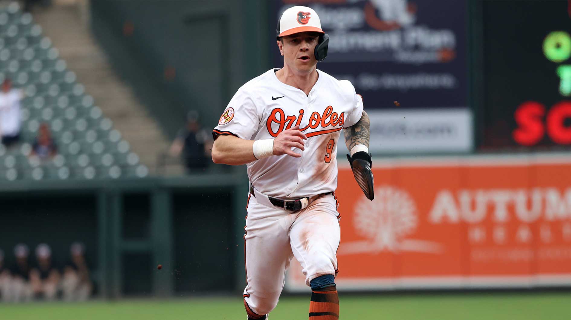 Baltimore Orioles outfielder Tyler O'Neill (9) advances to third during the eighth inning against the Minnesota Twins at Oriole Park at Camden Yards.