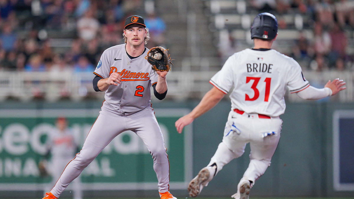 Baltimore Orioles shortstop Gunnar Henderson (2) catches the ball for the out against the Minnesota Twins third base Jonah Bride (31) in the eighth inning at Target Field.