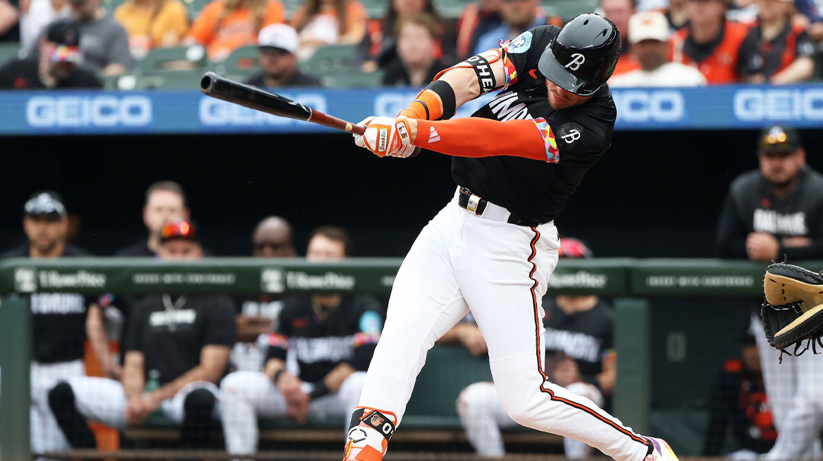 Baltimore Orioles outfielder Ryan O'Hearn (32) hits a single during the second inning against the Chicago White Sox at Oriole Park at Camden Yards.