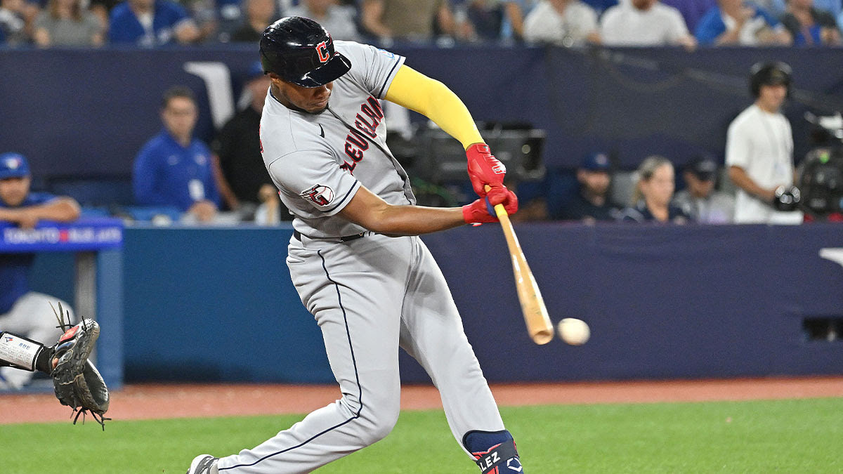 Cleveland Guardians left fielder Oscar Gonzalez (39) reaches base on an error by Toronto Blue Jays shortstop Santiago Espinal (not pictured) in the sixth inning.