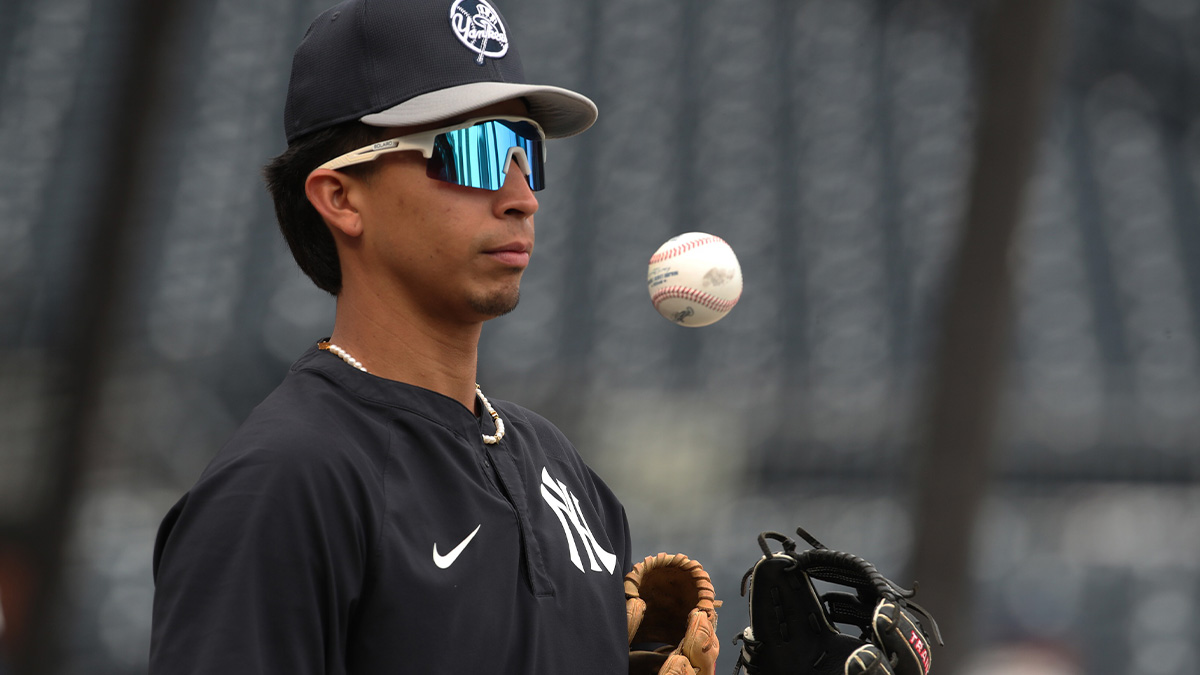 Apr 4, 2025; Pittsburgh, Pennsylvania, USA; New York Yankees third base Oswaldo Cabrera (95) warms up before the game against the Pittsburgh Pirates at PNC Park. Mandatory Credit: Charles LeClaire-Imagn Images