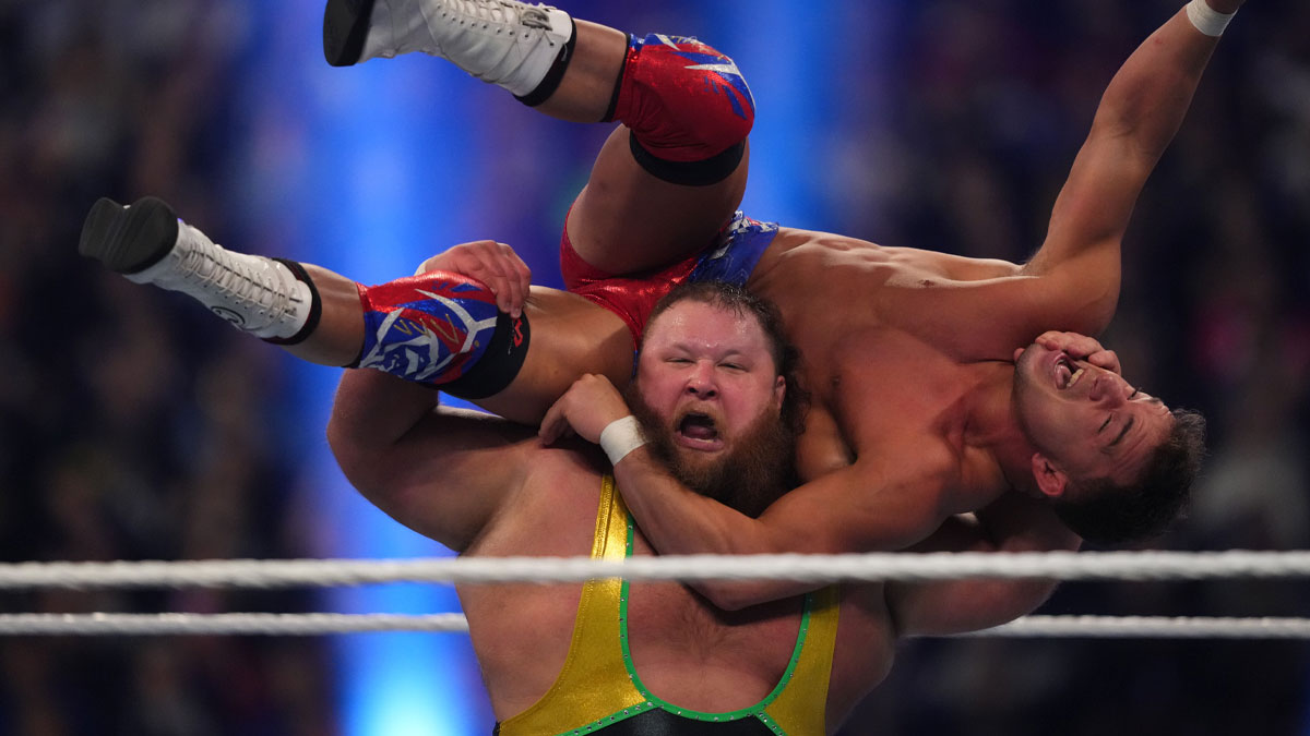 WWE stars Otis and Chad Gable, who was dropped on his head by Penta in a scary moment on RAW, at the Royal Rumble.