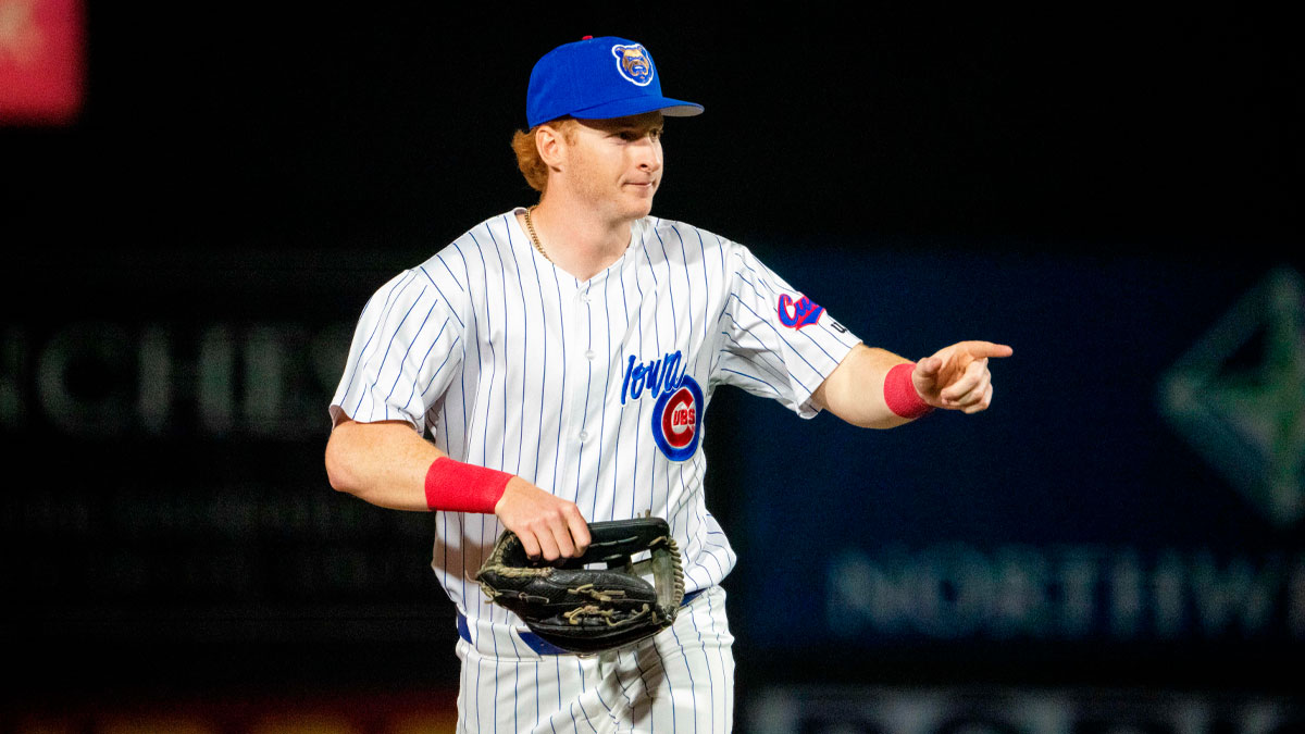 Iowa Cubs' Owen Caissie (17) makes his way to the dugout on Friday, March 28, 2025, at Principal Park in Des Moines.