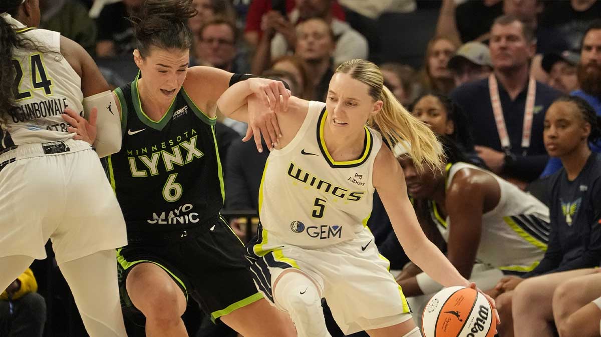 Dallas Wings guard Paige Bueckers (5) works around Minnesota Lynx forward Bridget Carleton (6) in the third quarter at Target Center.