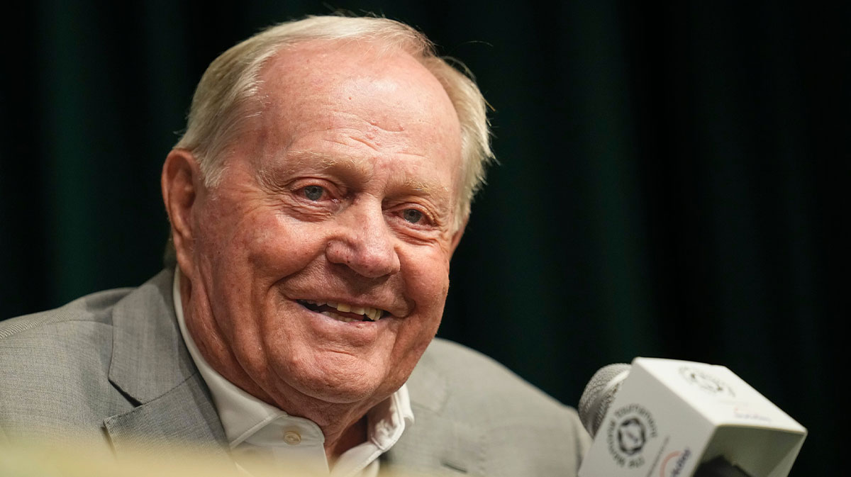 Jack Nicklaus speaks to media prior to the start of the Memorial Tournament at Muirfield Village Golf Club in Dublin, Ohio on May 27, 2025.