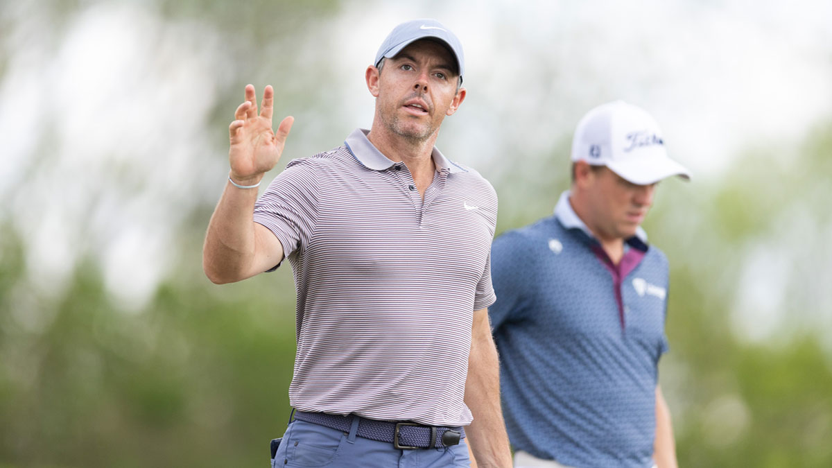 Rory McIlroy reacts to she birdie putt on the 14th green during the first round of the Truist Championship