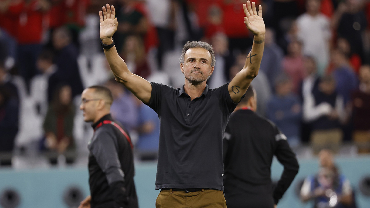 Spain head coach Luis Enrique reacts following the loss against Morocco in penalty kicks in the round of sixteen match of the 2022 FIFA World Cup at Education City Stadium.