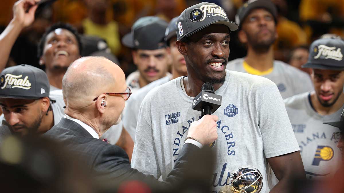 Pacers forward Pascal Siakam (43) is interviewed by Ernie Johnson after receiving the Larry Bird MVP Trophy game six of the eastern conference finals against the New York Knicks for the 2025 NBA Playoffs at Gainbridge Fieldhouse