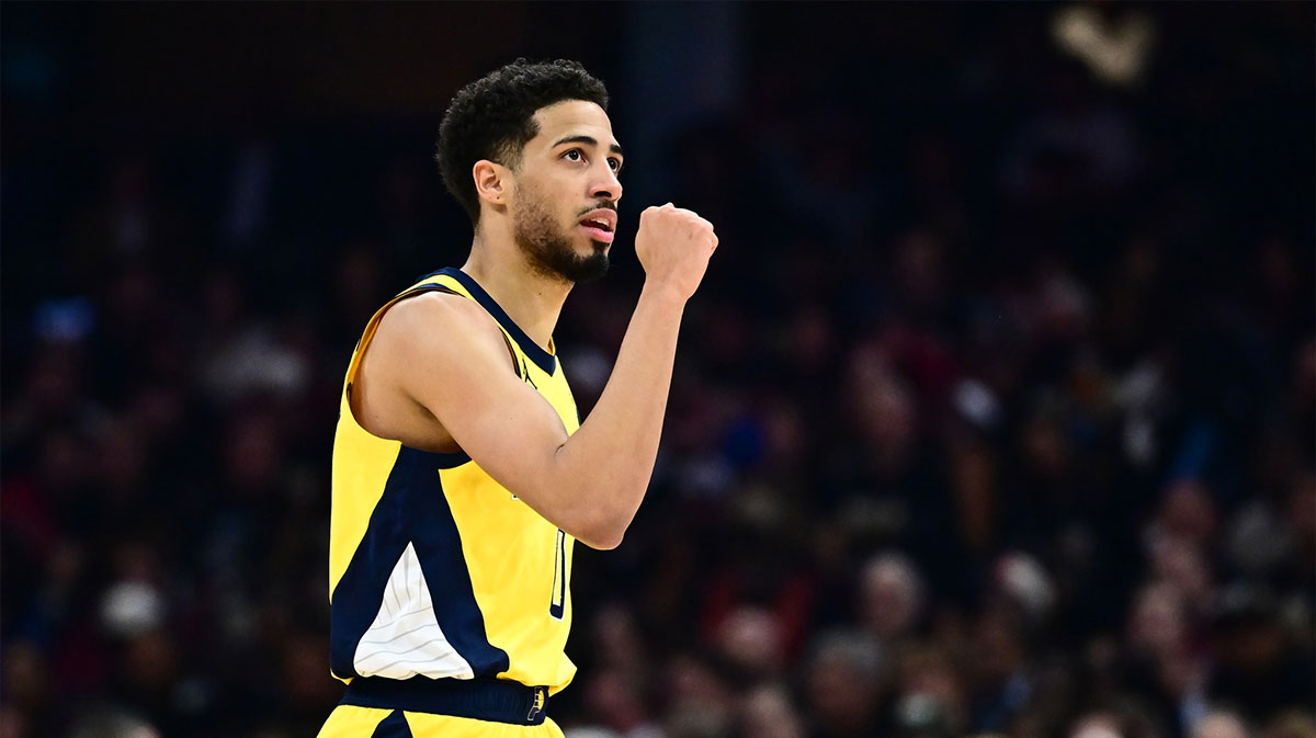 ndiana Pacers guard Tyrese Haliburton (0) celebrates after hitting a three point basket during the first half against the Cleveland Cavaliers in game five of the second round for the 2025 NBA Playoffs at Rocket Arena.