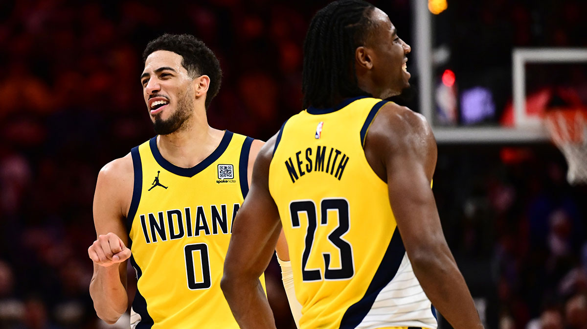 Indiana Pacers forward Aaron Nesmith (23) and guard Tyrese Haliburton (0) celebrate during the second half of game five against the Cleveland Cavaliers in the second round for the 2025 NBA Playoffs at Rocket Arena